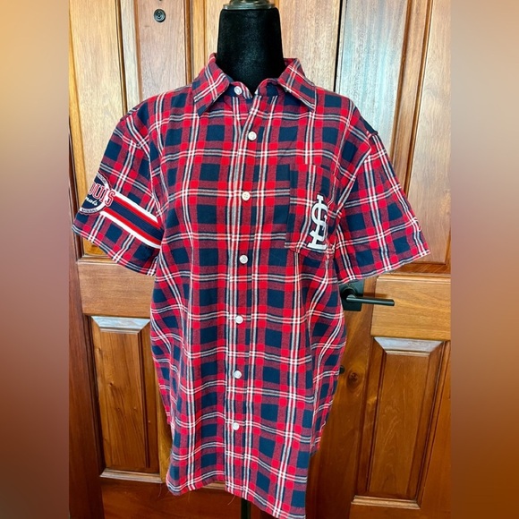 KLEW MLB Men St. Louis Cardinals Flannel Short Sleeve Button-Up Shirt Embordiery - Picture 1 of 9